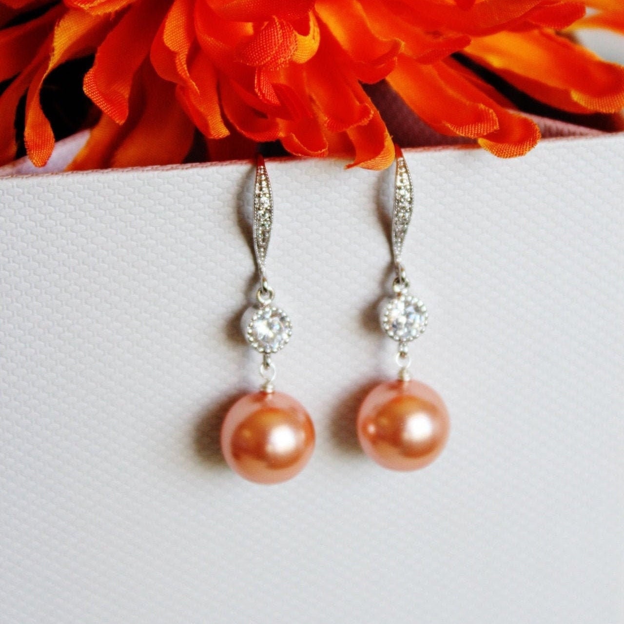 Orange Pearl Earrings, Burnt Orange Earrings, Autumn Wedding Earrings