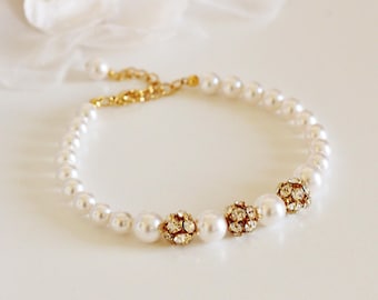 Pearl Wedding Bracelet: Gold Silver Rhinestone Bridal Jewelry