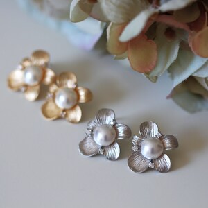 Bridal Stud Earrings, Gold or Silver Flower Earrings, Crystal Pearl Stud Earrings, Mothers Day Gift Bridesmaid Jewelry Wedding Gifts E140 image 4