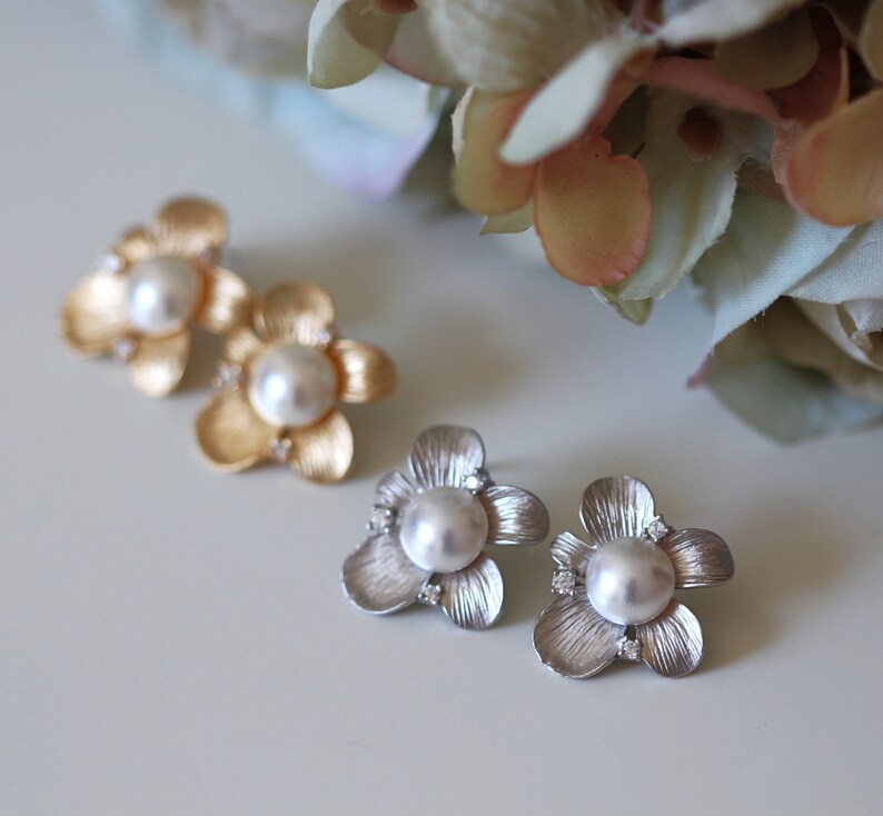 Bridal Stud Earrings, Gold or Silver Flower Earrings, Crystal Pearl Stud Earrings, Mothers Day Gift Bridesmaid Jewelry Wedding Gifts E140 image 4