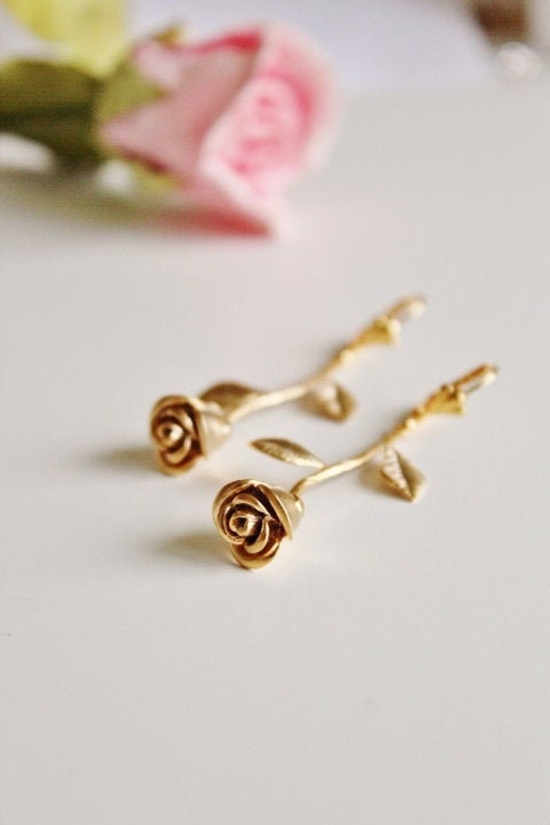 Gold Rose Earrings, Rose Earrings, Dangle Earrings, Valentines Day Gift For Her Garden Wedding Party Bridal Shower Gift for Bridesmaids E309 