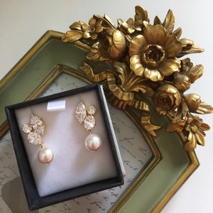 Gold Bridal Earrings, Vintage Gold Pearl Earrings, Mother of the Bride Gift, Mother of the Groom Gift, Fall Wedding Gift for Mom E101 image 7