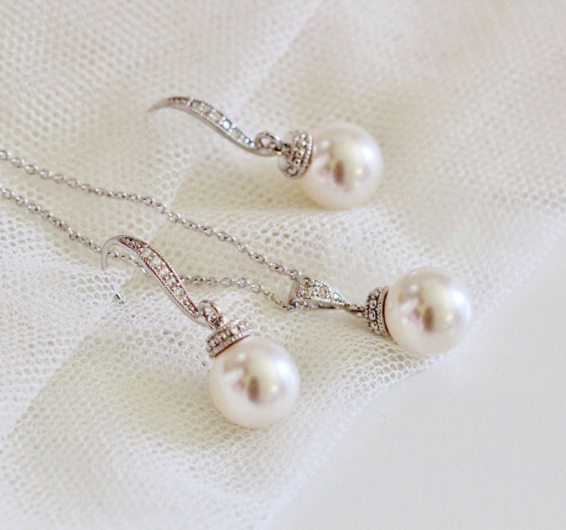 Bridesmaid Jewelry Set, Bridesmaid Gift Set, Wedding Gift Ideas, Simple Pearl Jewelry Set, Wedding Jewelry Set 10mm Pearl Set S101 image 4