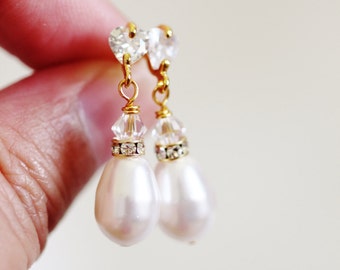 Dainty Bridal Earrings Drop Pearl Earrings, Pearl Bridal Jewelry Teardrop Pearl Crystal Earrings Dainty Wedding Jewelry For Brides 127