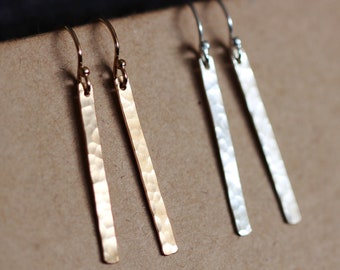 Hammered 14K Gold Filled Bar Earrings, Skinny Bar Earrings Sterling Silver Bar Earrings Simple Minimalist Gift For Her Sisters Final Sale