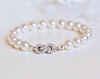 Infinity Pearl Bridal Bracelet: Silver Crystal Clasp Wedding Jewelry