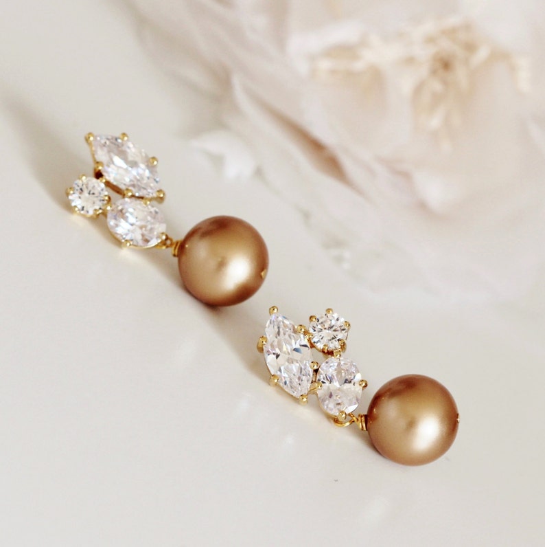 Gold Bridal Earrings, Vintage Gold Pearl Earrings, Mother of the Bride Gift, Mother of the Groom Gift, Fall Wedding Gift for Mom E101 image 3