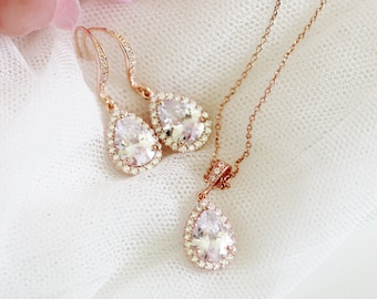Rose Gold Bridal Jewelry Set, Crystal Wedding Jewelry Set, Rose Gold Bridesmaid Jewelry Set, Rose Gold Wedding Gifts S109