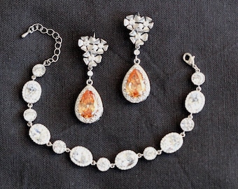 Champagne Teardrop Bridal Jewelry Set: CZ Silver Floral Earrings and Bracelet