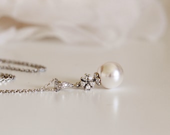 Pearl Bridal Necklace Pearl Wedding Necklace For Brides, Crystal Pearl Necklace White Pearl Bridesmaid Necklace Silver Wedding Jewelry