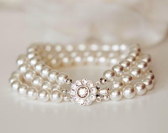 Pearl Bridal Bracelet: Three Strand White Ivory Cream Blush Pink Pearl Bracelet, Austrian Crystal Clasp Vintage Style Bridal Jewelry