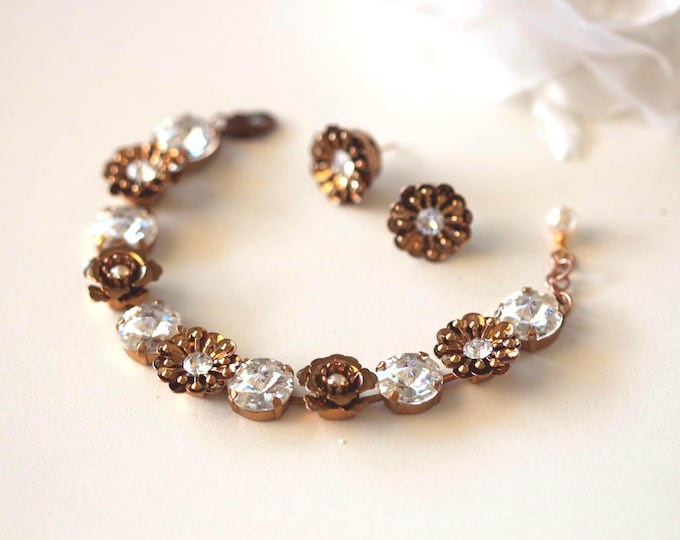 Featured listing image: Gold Floral Bridal Jewelry Set: Austrian Crystal Rose Sakura Flower Earrings Necklace Bracelet Set Spring Wedding Accessories