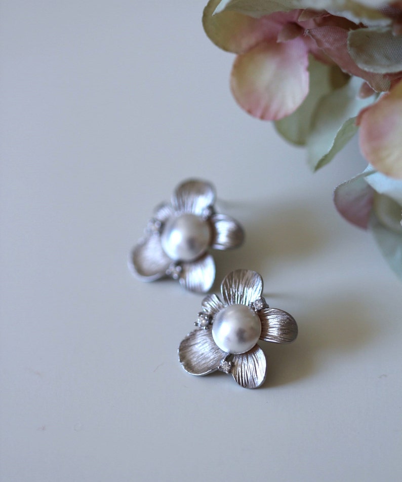 Bridal Stud Earrings, Gold or Silver Flower Earrings, Crystal Pearl Stud Earrings, Mothers Day Gift Bridesmaid Jewelry Wedding Gifts E140 image 6