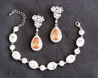Fall Bridal Jewelry Set – Champagne Teardrop Bridal Earrings and Bracelet Set, Statement Wedding Jewelry Gift for Bride Formal Jewelry