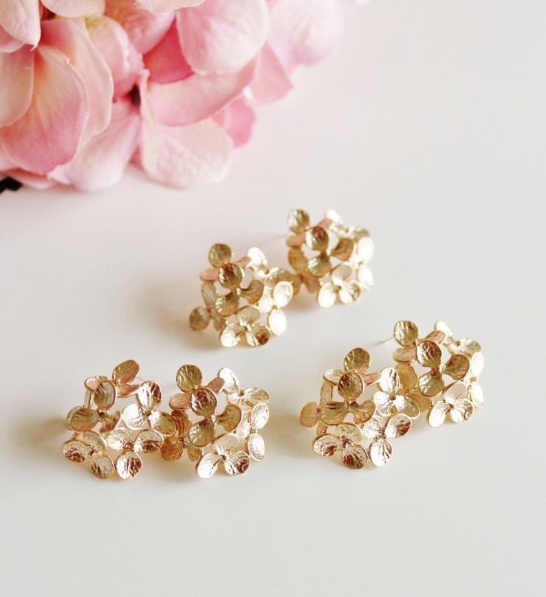 Gold Hydrangea Earrings, Bridesmaid Earrings, Gold Flower Earrings, Romantic Garden Wedding Jewelry Bridesmaid Gifts Statement Earrings E208 image 4