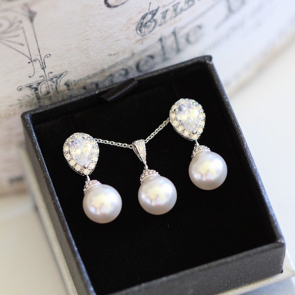 Pearl Bridal Jewelry Set, Teardrop CZ Pearl Earrings and Necklace Sterling Silver Rose Gold Wedding Gift Set
