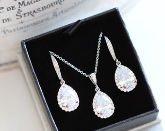 Wedding Jewellery Set, Bridesmaid Gift Set, Bridal Jewelry, Silver Rose Gold Teardrop Cubic Zirconia Crystal Necklace and Earrings Set S109