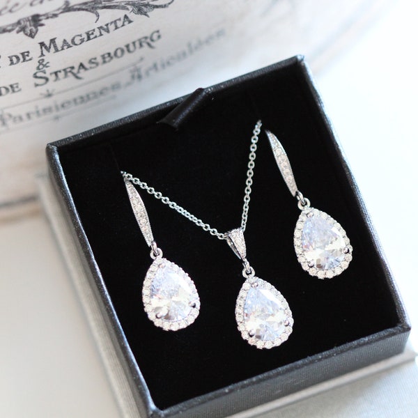 Wedding Jewellery Set, Bridesmaid Gift Set, Bridal Jewelry, Silver Rose Gold Teardrop Cubic Zirconia Crystal Necklace and Earrings Set S109