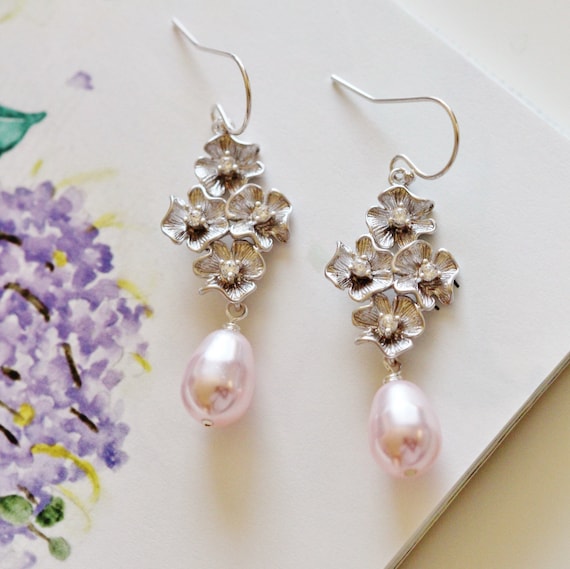 pearlescent necklace and earring set bridesmaid gift Pink necklace and earring set wedding jewelry bridesmaid jewelry set