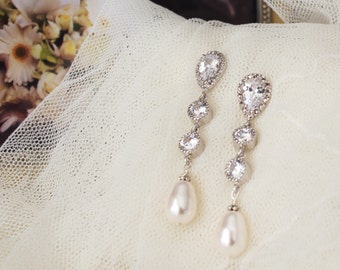 Pearl Bridal Earrings Drop Pearl Earrings For Brides, Wedding Earrings Long Bridal Earrings, Pearl Bridal Jewelry E116