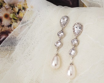 Pearl Bridal Earrings, Drop Pearl Earrings For Brides, Wedding Earrings, Long Dangle Earrings, Pearl Bridal Jewelry E116