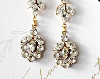 Gold Bridal Earrings – Crystal Leaf Drop Earrings, Elegant Something Blue Wedding Jewelry for Bride E214