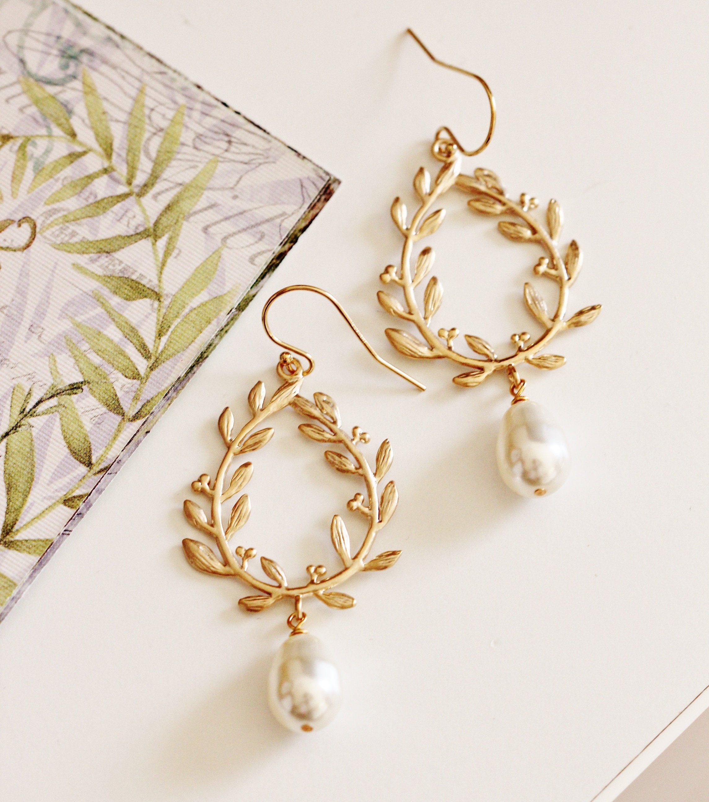 Sage Green Pearl Earrings Gold Laurel Wreath Olive Leaf | Etsy