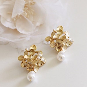 Gold Hydrangea Earrings, Bridesmaid Earrings, Gold Flower Earrings, Romantic Garden Wedding Jewelry Bridesmaid Gifts Statement Earrings E208 + White Ivory Pearl