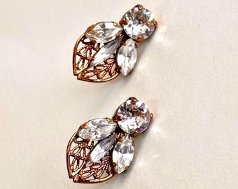 Bridal Stud Earrings Gold Leaf Studs Autumn Wedding Bridal Jewelry, Art Deco Wedding Earrings For Brides Crystal Leaf Earrings Gift E142