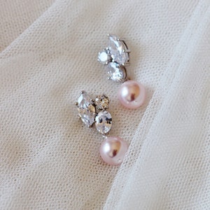 pink pearl bridal earrings, pink pearl wedding earrings by dreamislandjewellery