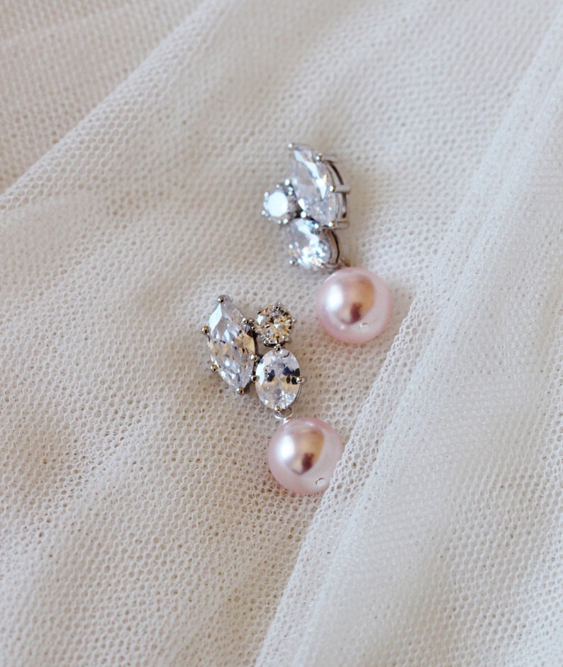 pink pearl bridal earrings, pink pearl wedding earrings by dreamislandjewellery