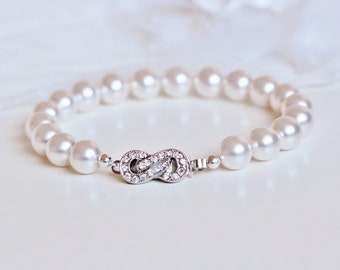 Infinity Bracelet Crystal Pearl Bracelet, Pearl Bridal Earrings and Bracelet Set, Pearl Bridal Jewelry Pearl Wedding Jewelry Set S108