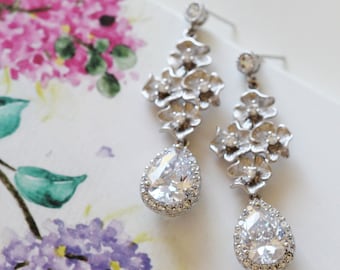 Cherry Blossom Teardrop Bridal Earrings, Crystal Sakura Flower Dangle Spring Wedding Jewelry