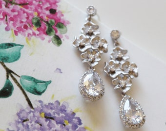Floral Bridal Earrings Dangle Drop Earrings, Cherry Blossom Floral Wedding Earrings, Spring Wedding Jewelry For Brides E124