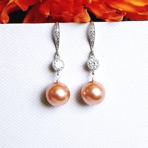 Elegant Peach Pearl Earrings for Bridesmaids Peach Wedding Earrings 12mm Peach Pearl Bridesmaid Earrings Bridesmaid Gift Idea Final Sale