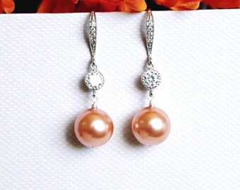 Elegant Peach Pearl Earrings for Bridesmaids Peach Wedding Earrings 12mm Peach Pearl Bridesmaid Earrings Bridesmaid Gift Idea Final Sale