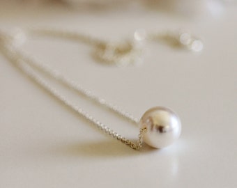 Floating Pearl Necklace, 10mm Single Pearl Bridal Necklace, Sterling Silver, Gold Wedding Jewelry Bridesmaid Gift Necklace Gift for Her N201