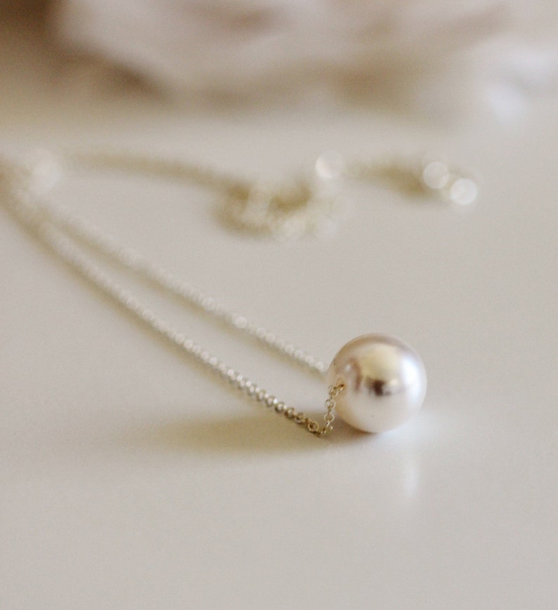 Floating Pearl Necklace, 10mm Single Pearl Bridal Necklace, Sterling Silver, Gold Wedding Jewelry Bridesmaid Gift Necklace Gift for Her N201 image 1