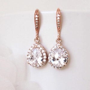 Rose Gold Bridal Earrings: Teardrop Cubic Zirconia Crystal Wedding Jewelry
