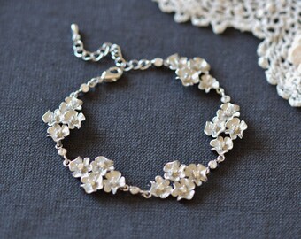 Dainty Silver Floral Bridal Bracelet Crystal Cherry Flower Wedding Bracelet For Brides, Romantic Wedding Jewelry B201