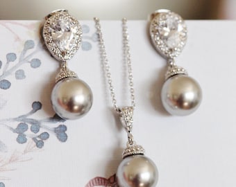 Gray Pearl Bridal Jewelry Set: CZ Crystal Pearl Earring and Necklace Set, Gray Wedding Jewelry