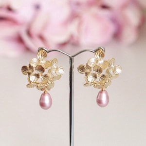 Gold Hydrangea Earrings, Bridesmaid Earrings, Gold Flower Earrings, Romantic Garden Wedding Jewelry Bridesmaid Gifts Statement Earrings E208 + Blush Pink Pearl