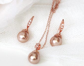 Minimalist Rose Gold Pearl Earrings Necklace Set, Small Pearl Jewelry Set Petite Pearl Wedding Jewelry Gift For Brides Bridesmaids