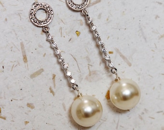 Large 12mm Cream Pearl Earrings, Long Bridal Earrings Drop Pearl Earrings, Pearl Dangle Earrings Wedding Jewelry E152