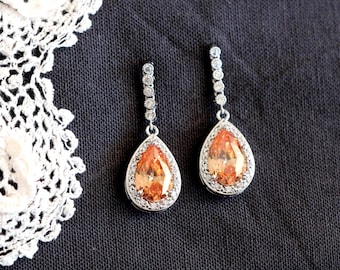 Fall Wedding Earrings, Drop Crystal Orange Earrings, Champagne Earrings, Long Bridal Earrings Mother of the Bride Formal Prom Jewelry E120