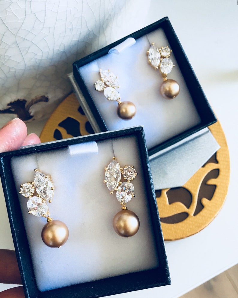 Gold Bridal Earrings, Vintage Gold Pearl Earrings, Mother of the Bride Gift, Mother of the Groom Gift, Fall Wedding Gift for Mom E101 image 8