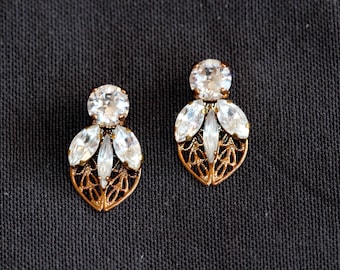 Gold Leaf Bridal Stud Earrings: Art Deco Crystal Wedding Jewelry