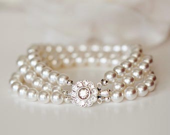 Pearl Bridal Bracelet: Three Strand Austrian Crystal, Vintage Style Bridal Jewelry