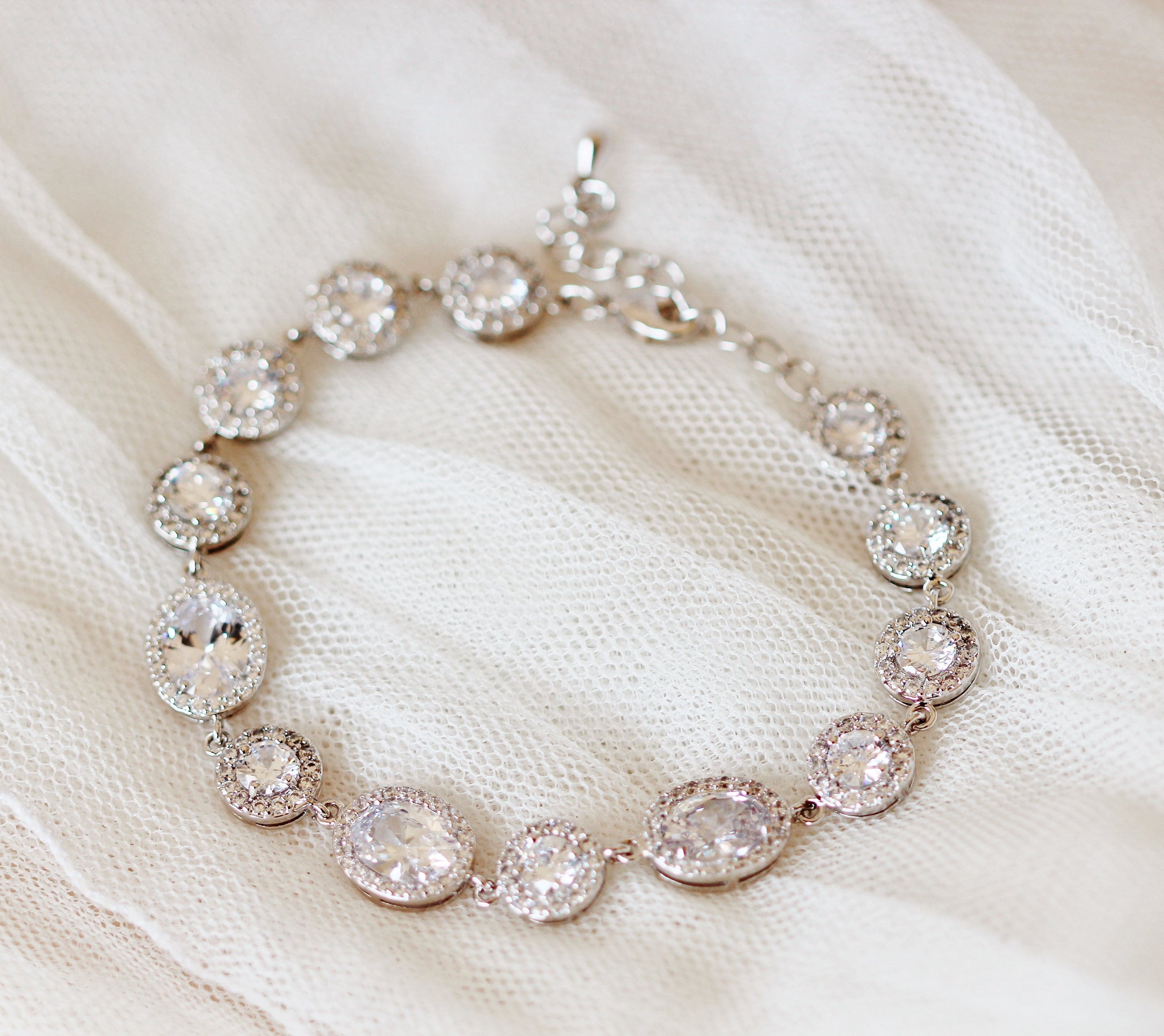 Crystal Bridal Bracelet, Silver Oval and Round Halo CZ Crystal Bracelet