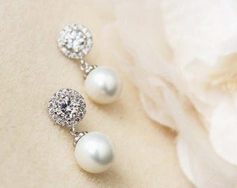 Pearl Bridal Earrings Pearl Wedding Earrings Crystal Halo Stud Earrings Drop Pearl Earrings, Maid of Honor Gift Bridal Jewelry E102
